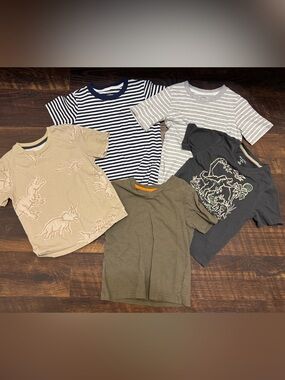 Kids T-Shirt Lot - Navy Stripes, Gray, Olive, Tan, Dark Gray.